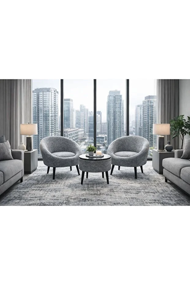 LİDA Keten Gri İkili Berjer Seti SİYAH MERMER DESEN ÖZEL SEHPALI